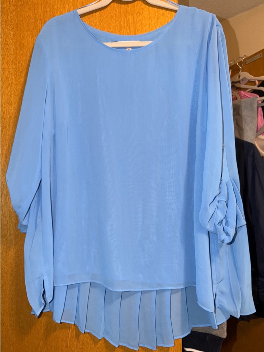 Jennifer Lopez Powder Blue Pleated-Hem Blouse